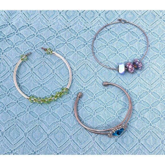 3 Silver-Tone Bangle Bracelets With Blue Purple & Green Beads - Picture 6 of 7